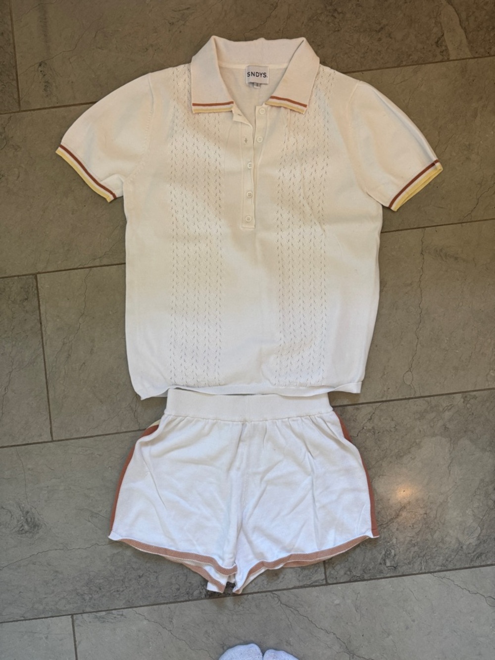 SNDYS Cream Knit Polo & Shorts Set with Yellow and Rust Trim